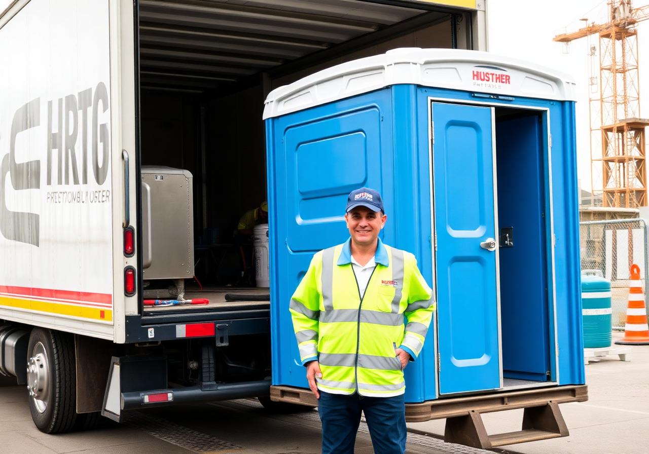 QuickHold delivery truck unloading a portable toilet